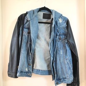 BLANK denim jacket with faux leather sleeves.